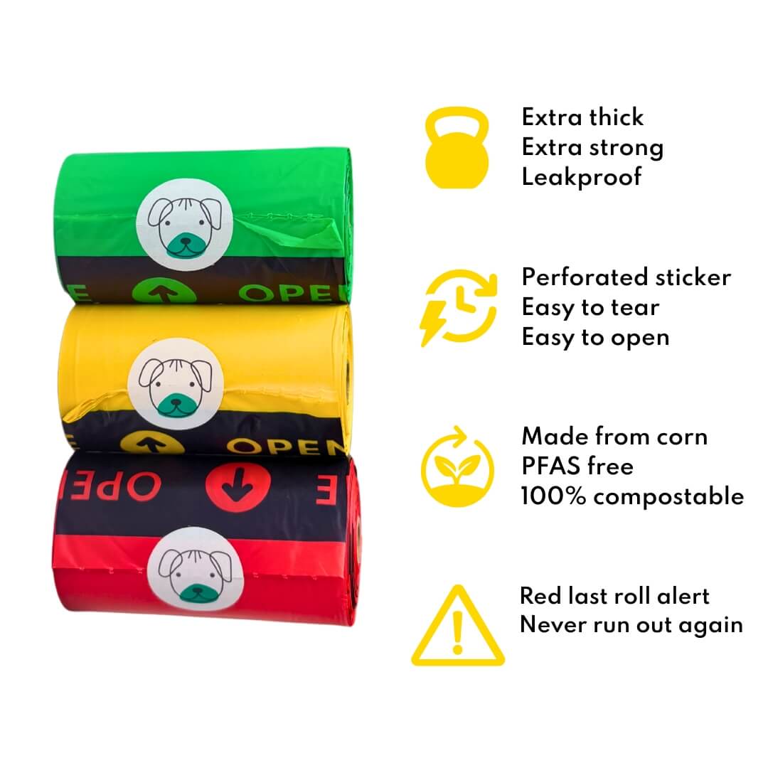 Three rolls of eco-friendly dog waste bags with features listed on a white background