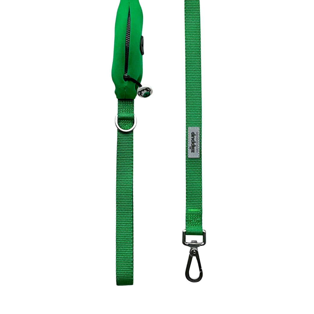 Detailed view of green leash with built-in poop bag