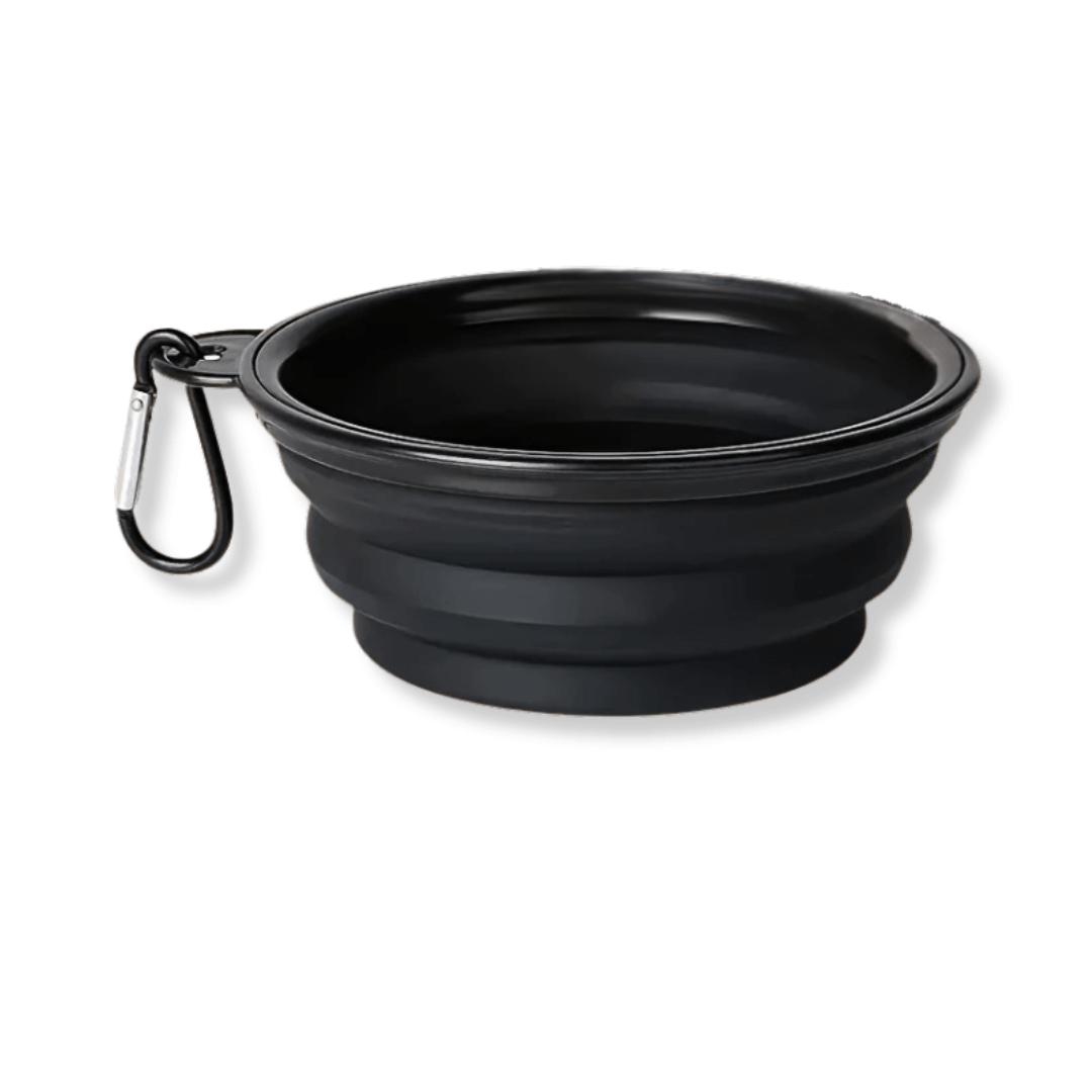 Black collapsible dog bowl with carabiner on a white background