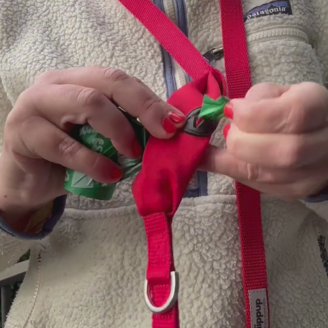 Video showing how to use a red Ziippup dog lead with built-in poo bag holder