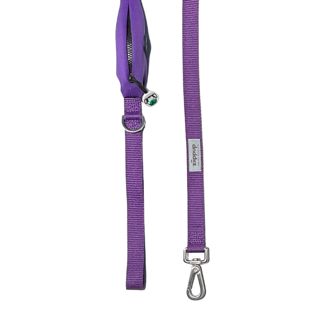 Detailed view of purple dog lead with built-in poo bag holder