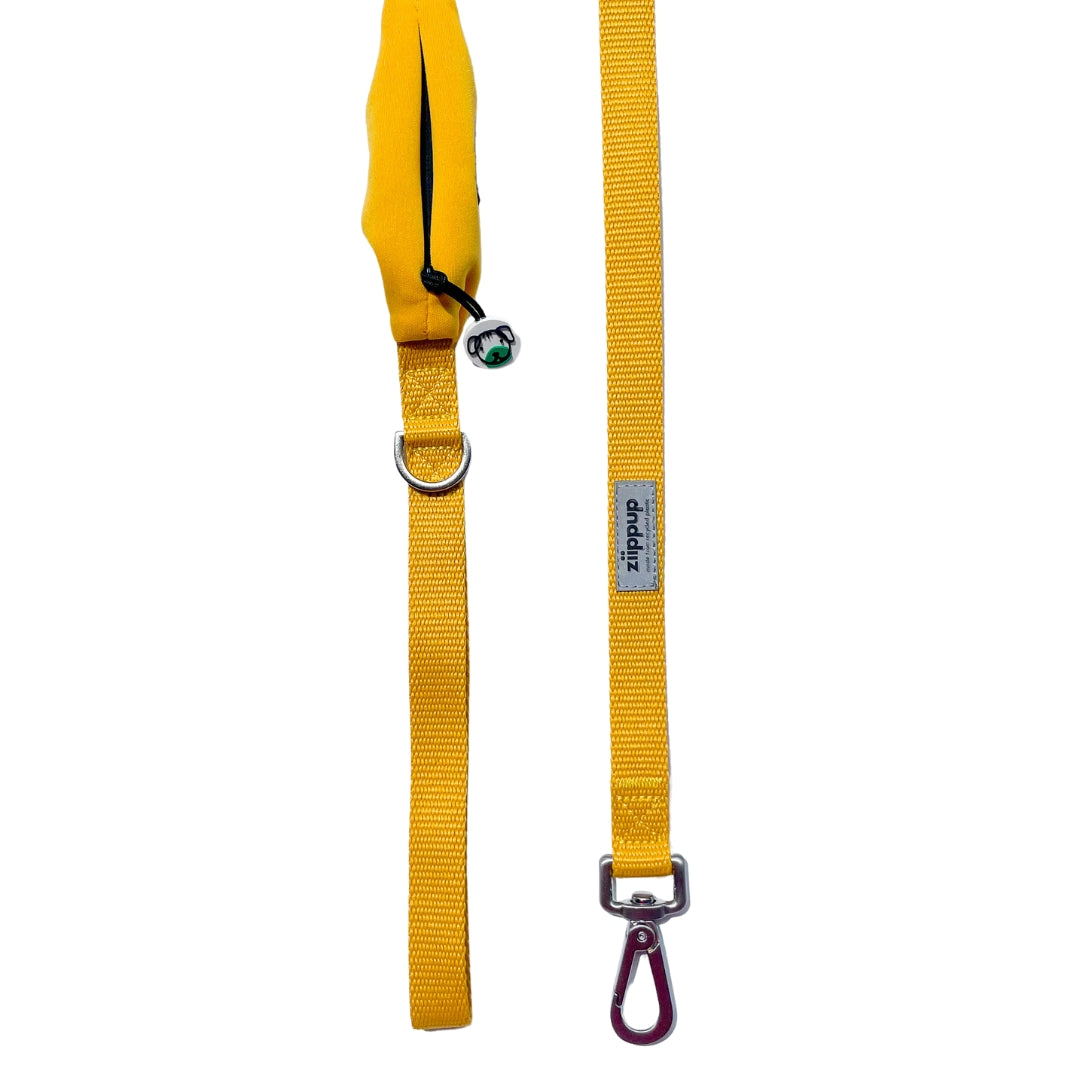 Detailed view of yellow dog leash with poop bag dispenser. Australian design.