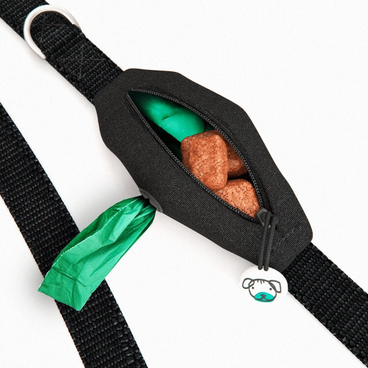 Black Dog Lead with Storage Pouch. Close up of the pouch with zip open