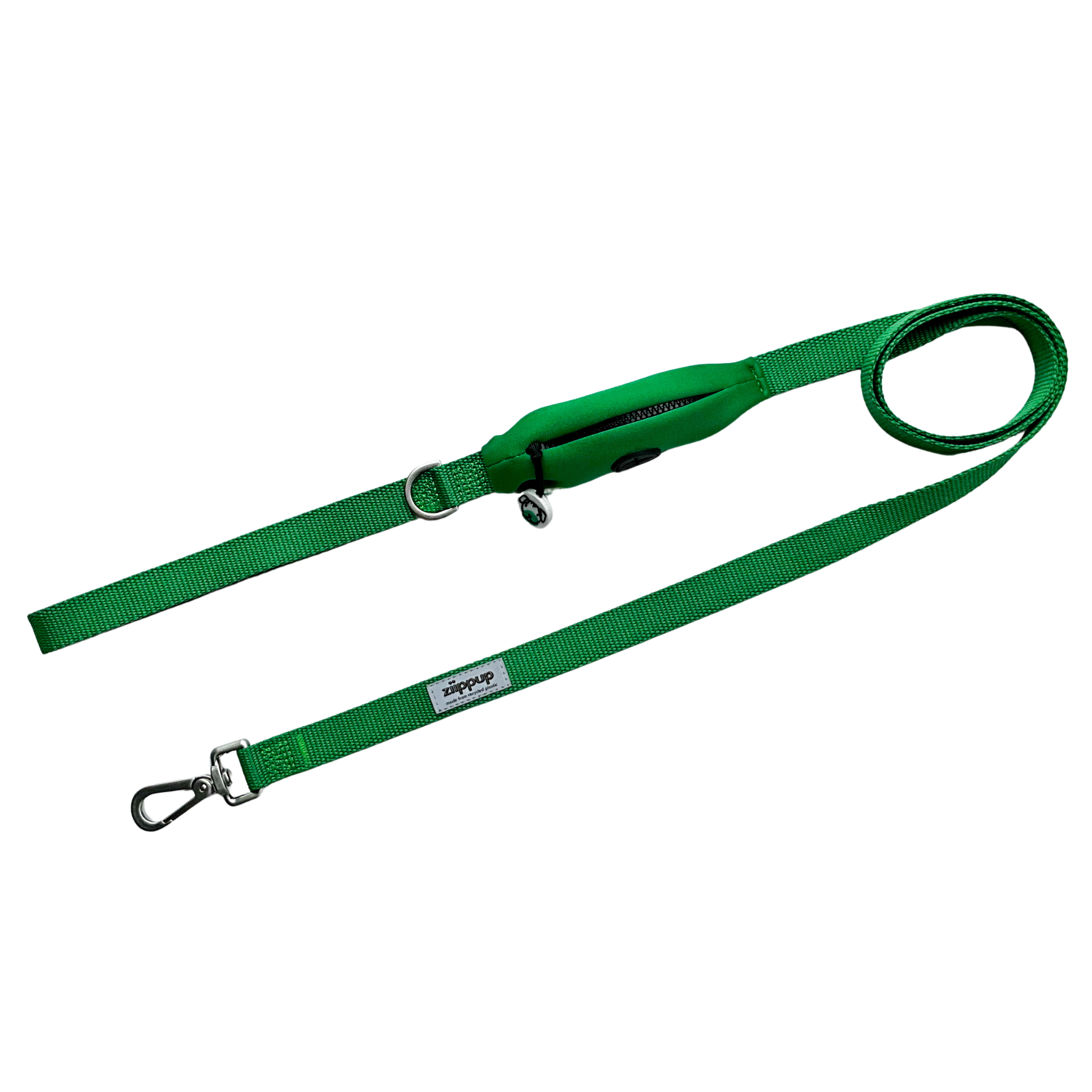 Green dog leash with built in poo bag holder