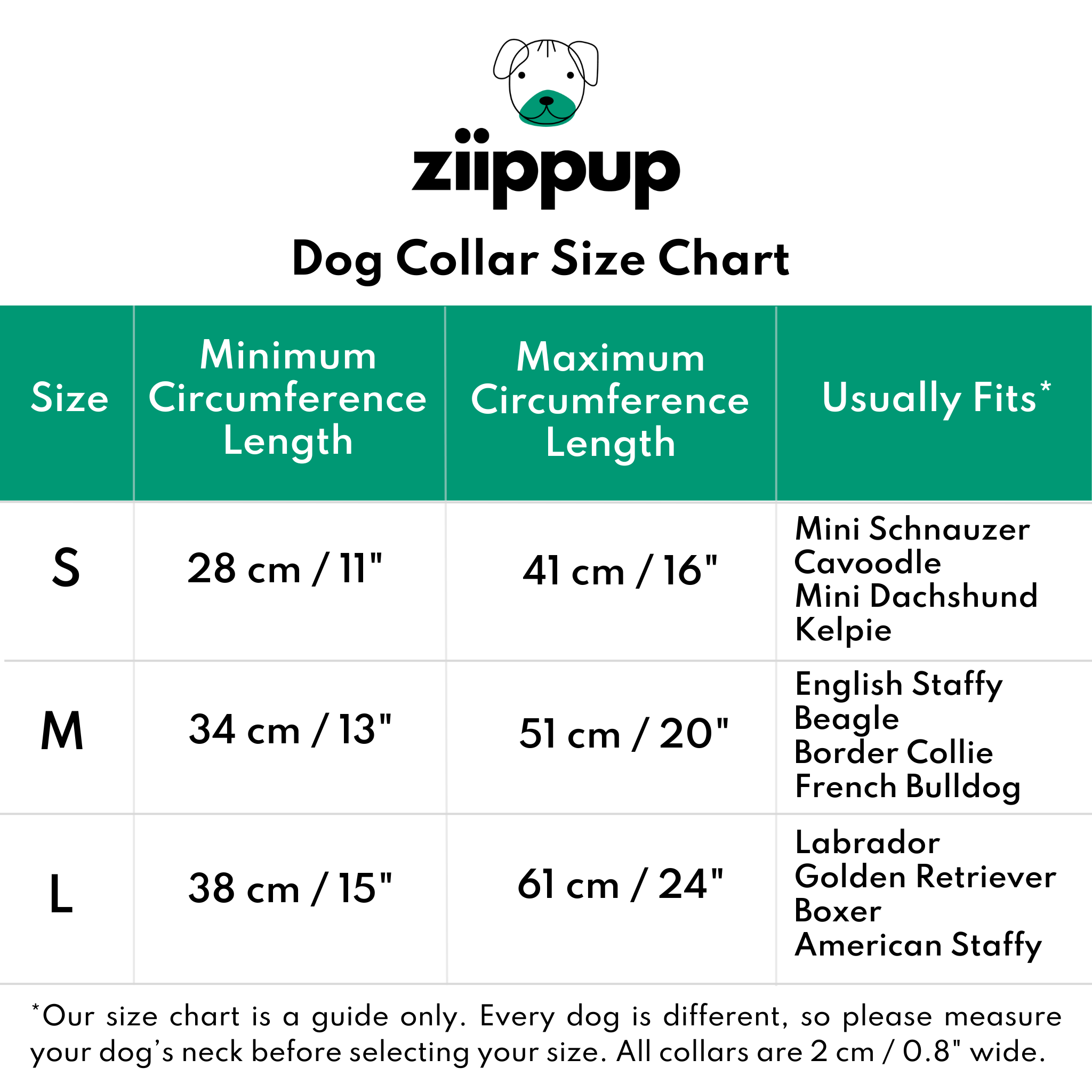 Ziippup collar size chart