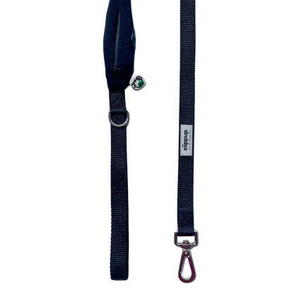 Detailed view of black dog leash with built-in poop bag holder