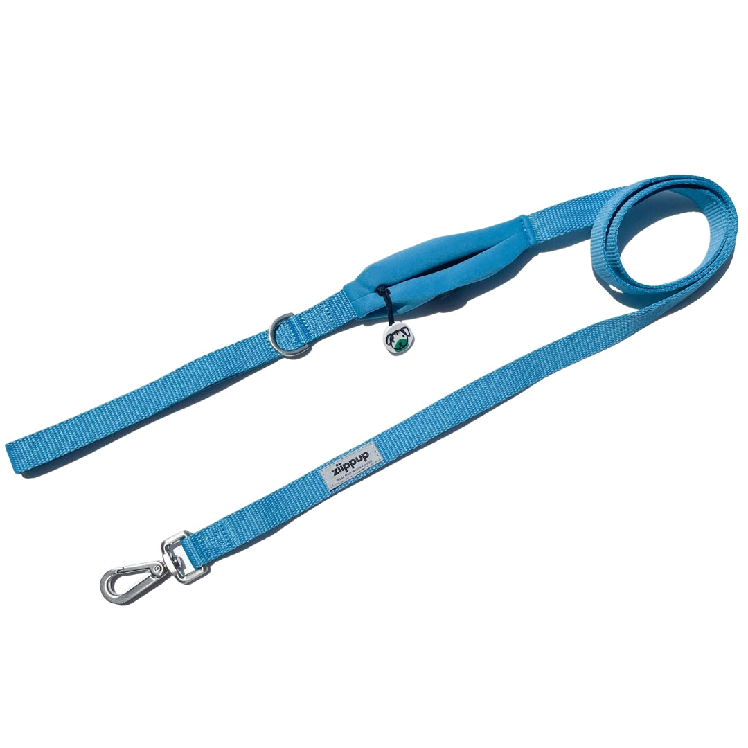 Blue dog lead with built-in poo bag holder