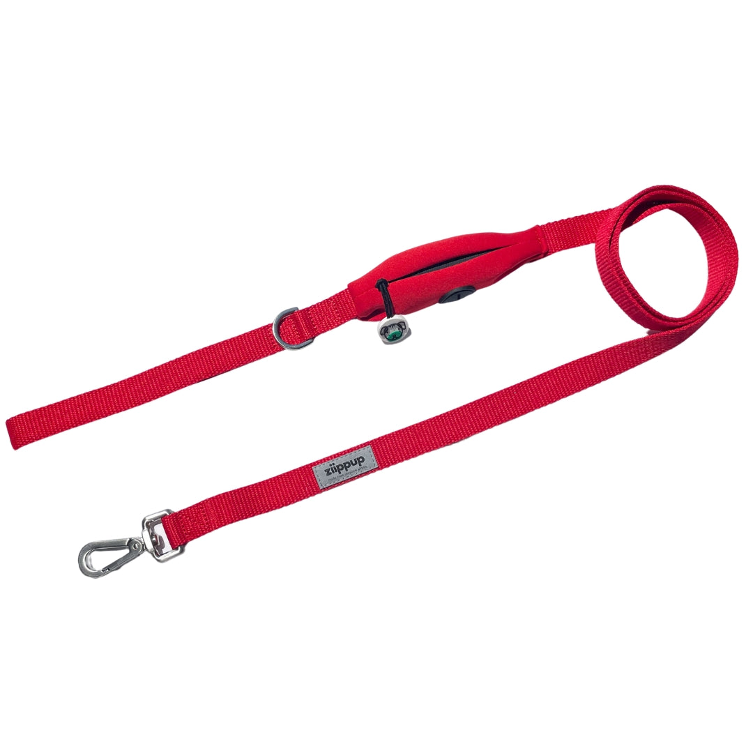 Red dog lead with poop bag holder