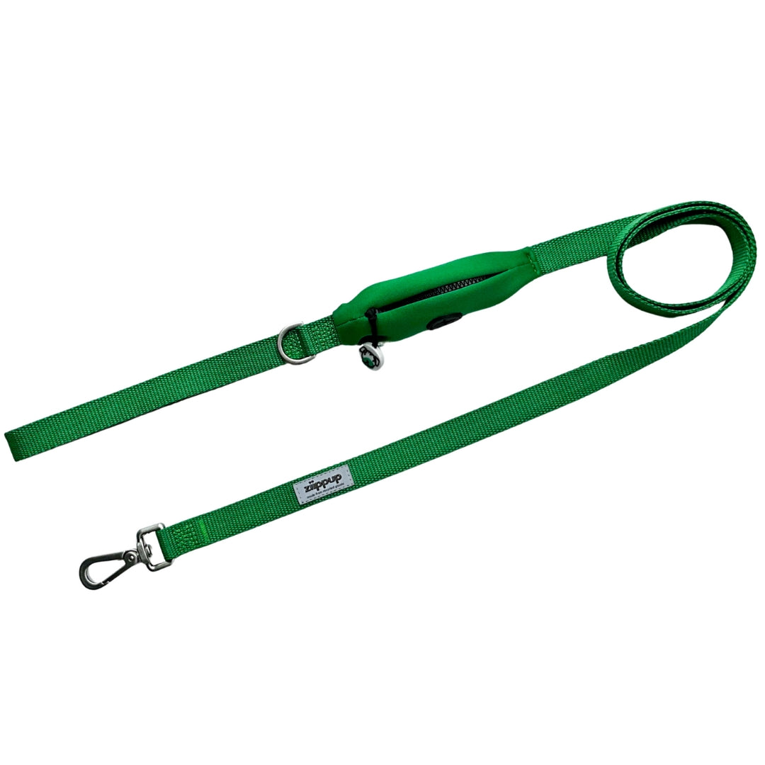 Green lead with built-in poop bag holder