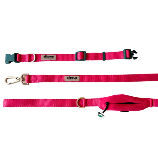 Pink collar and lead set for dogs, with poo bag holder