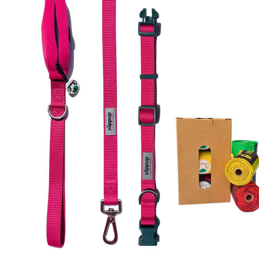 Pink dog collar and leash set with compostable poo bags