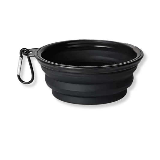 Black collapsible dog bowl with carabiner on a white background