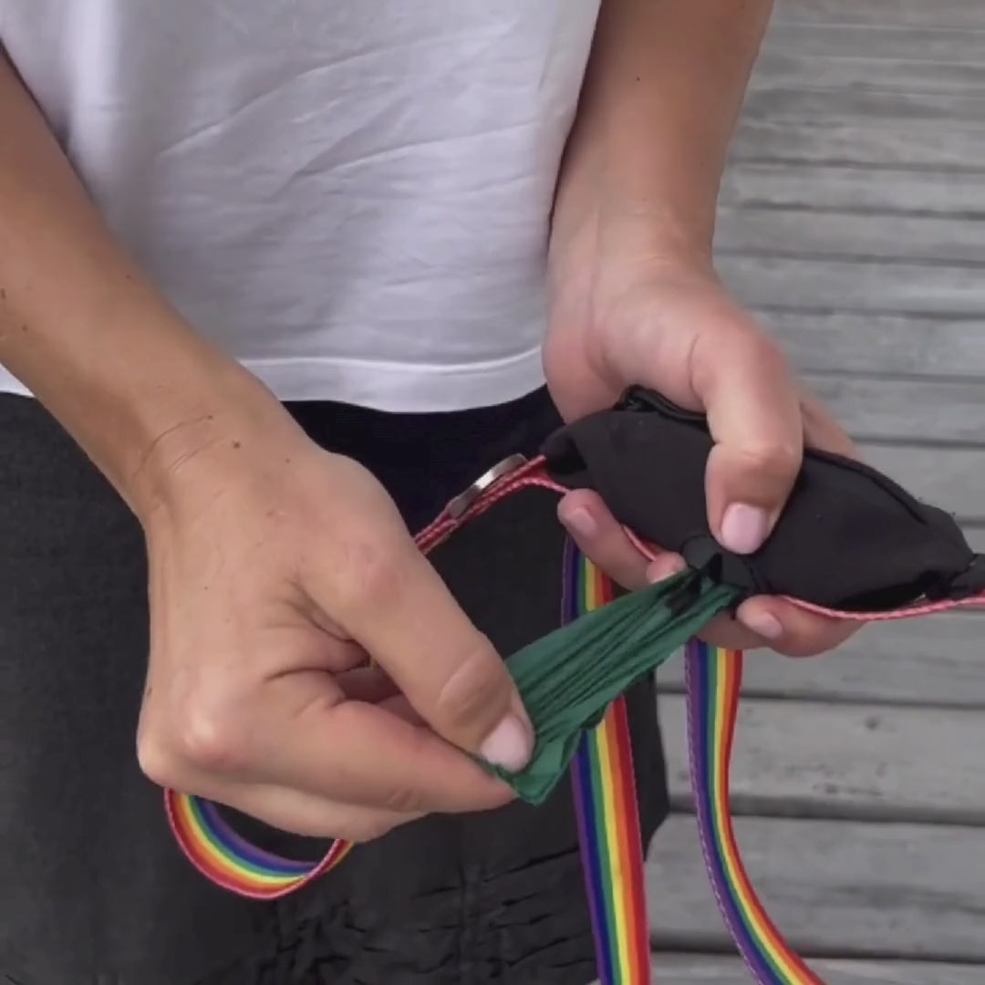 Rainbow leash with poo bag dispenser in use