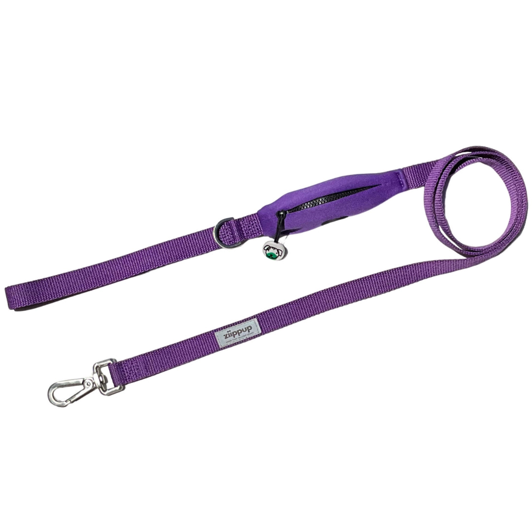 Purple dog lead with built-in poo bag holder