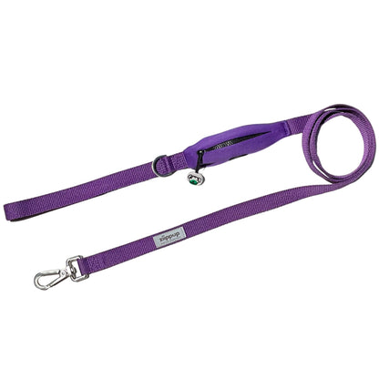 Purple dog lead with built-in poo bag holder