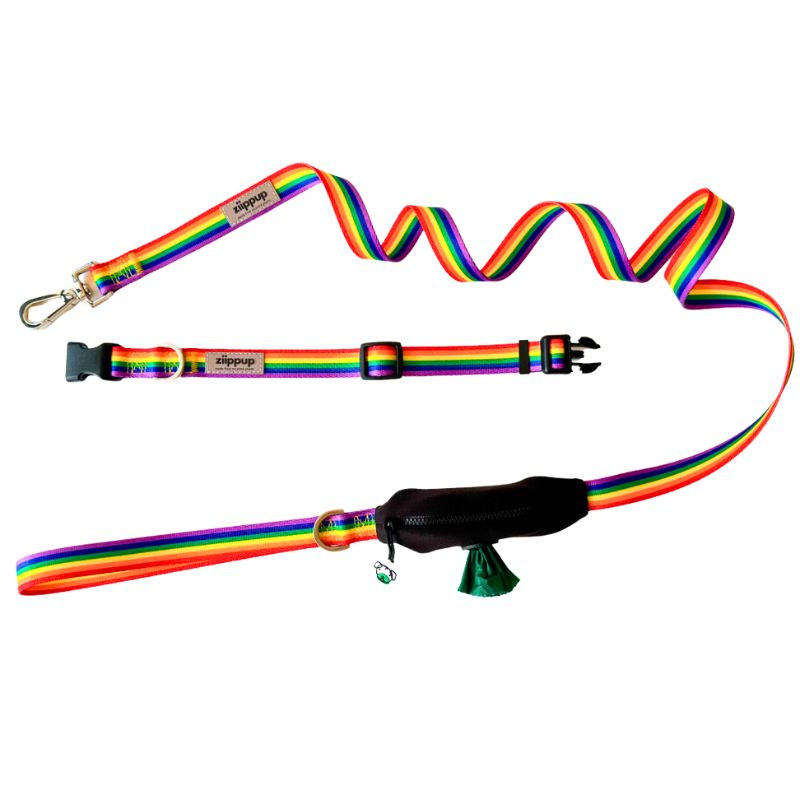 Rainbow dog collar and lead with built-in poo bag holder