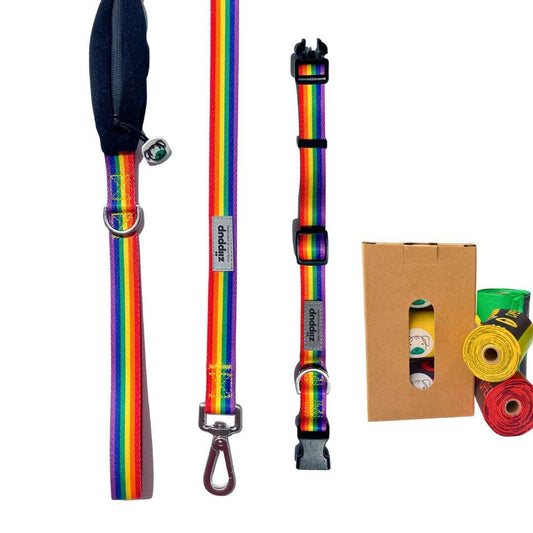 Rainbow dog collar and leash set with compostable poo bags