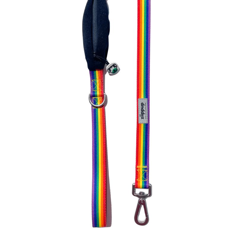 Detailed view of rainbow dog lead with built-in poo bag holder