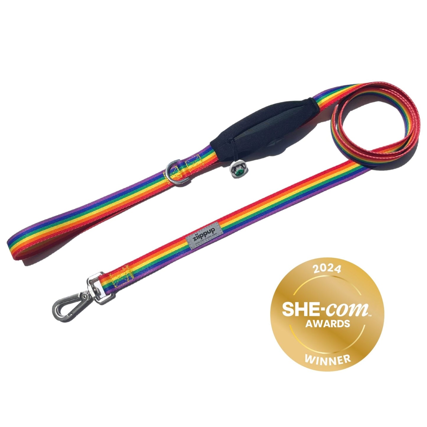 Award-winning rainbow leash for puppies and dogs with poop bag carrier