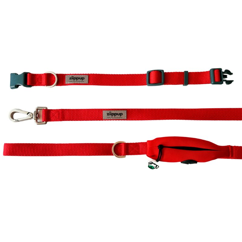 Red collar and dog lead set with poo bag holder for dog bags