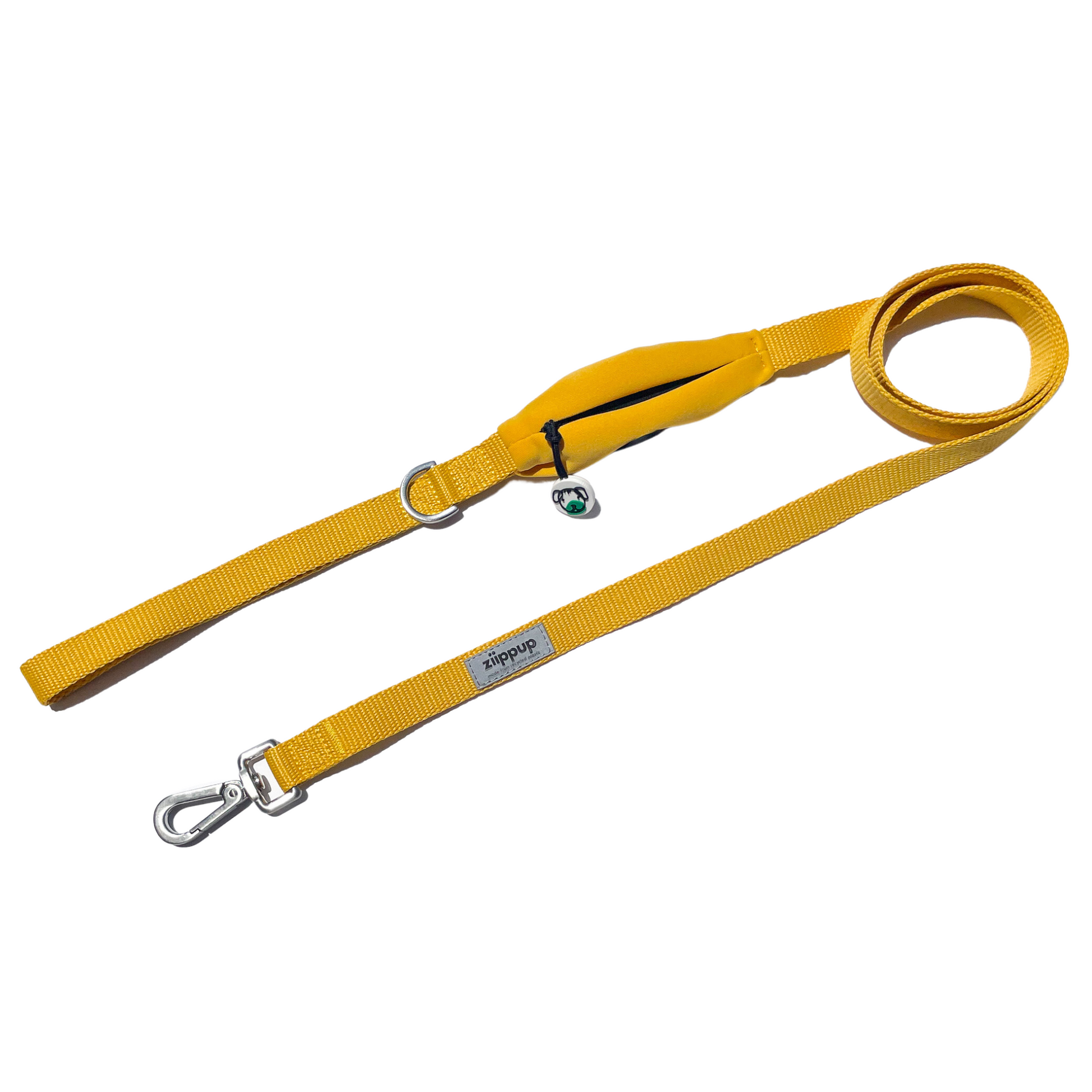 Yellow dog lead with built-in poop bag holder